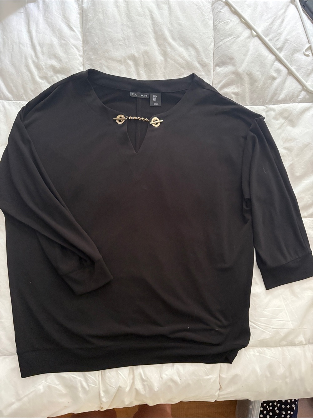 Tahari Black Top with Gold Chain Neck Detail
